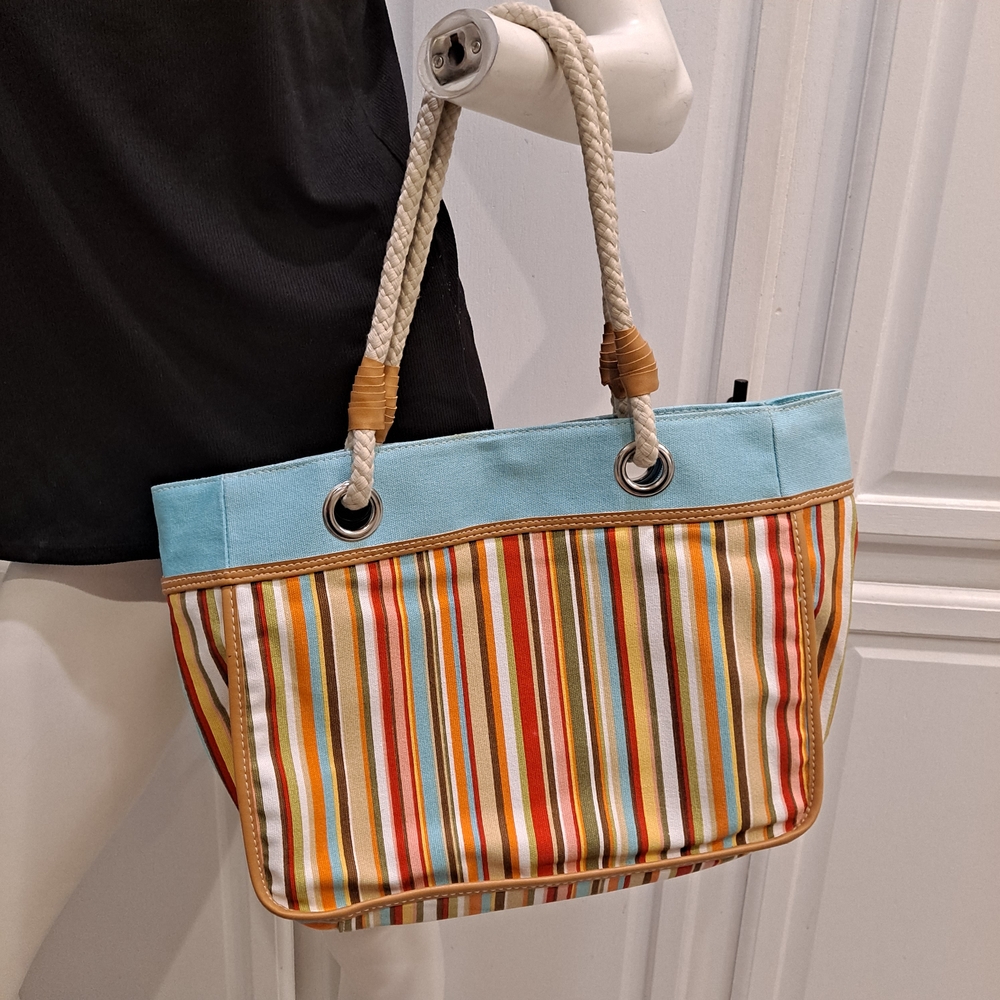 Strada Colorful Striped Tote Bag with Rope And Leather Handles